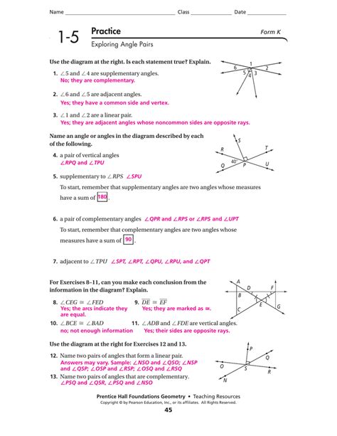pairs of angles worksheet answers key geometry
